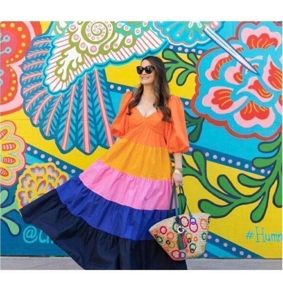 Anthropologie Farm Rio XS Puff Sleeve Tiered Maxi Dress Tropical Colorblock New - Picture 9 of 16